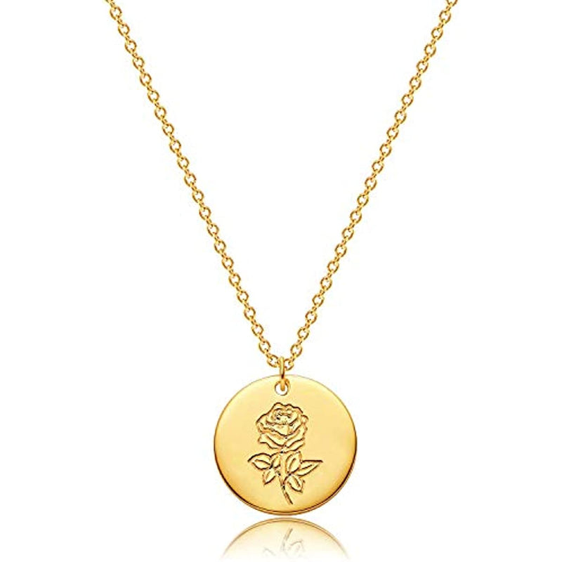 Dremmy Studios Birthday Flower Pendant Necklace 18K Gold Plated Exquisite Minimalist Birthday Flower Disc Pendant Carved Coin Necklace Minimalist Exquisite Customized Gift for Mom and Daughter, Metal, No Gems