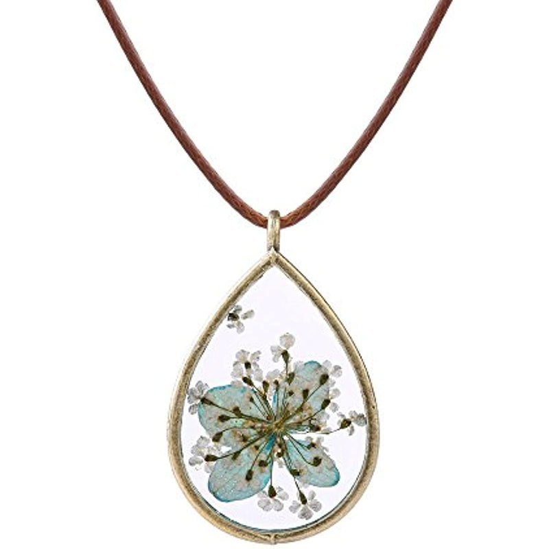 Pressed Dried Flower Teardrop Pendant Necklace FN4005, metallic, gemstone-free