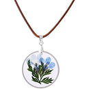 FM FM42 Pressed blue dried flower and green leaf round pendant necklace FN4004, metallic, gemstone free