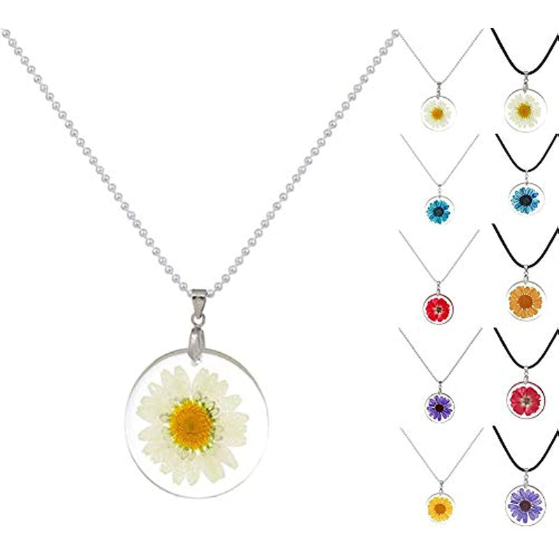 Women's pressed natural daisy resin pendant necklace