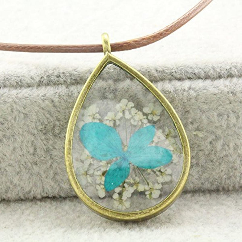 Pressed Dried Flower Teardrop Pendant Necklace FN4005, metallic, gemstone-free