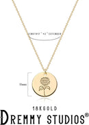 Dremmy Studios Birthday Flower Pendant Necklace 18K Gold Plated Exquisite Minimalist Birthday Flower Disc Pendant Carved Coin Necklace Minimalist Exquisite Customized Gift for Mom and Daughter, Metal, No Gems