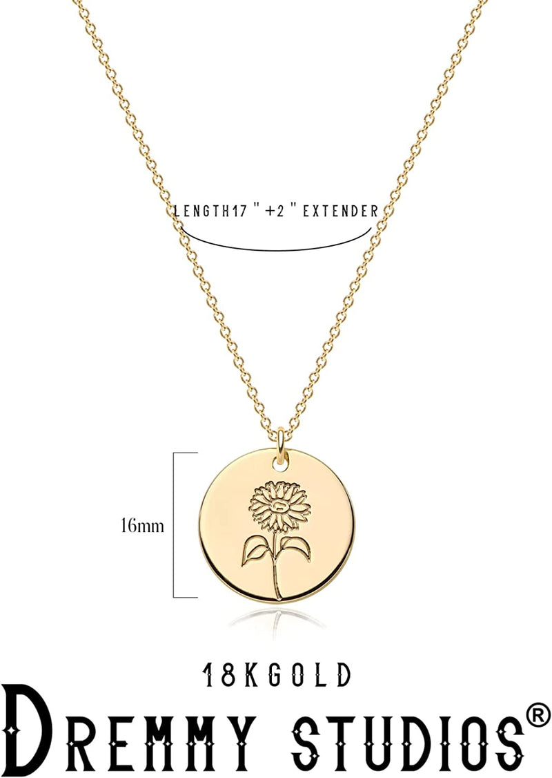 Dremmy Studios Birthday Flower Pendant Necklace 18K Gold Plated Exquisite Minimalist Birthday Flower Disc Pendant Carved Coin Necklace Minimalist Exquisite Customized Gift for Mom and Daughter, Metal, No Gems