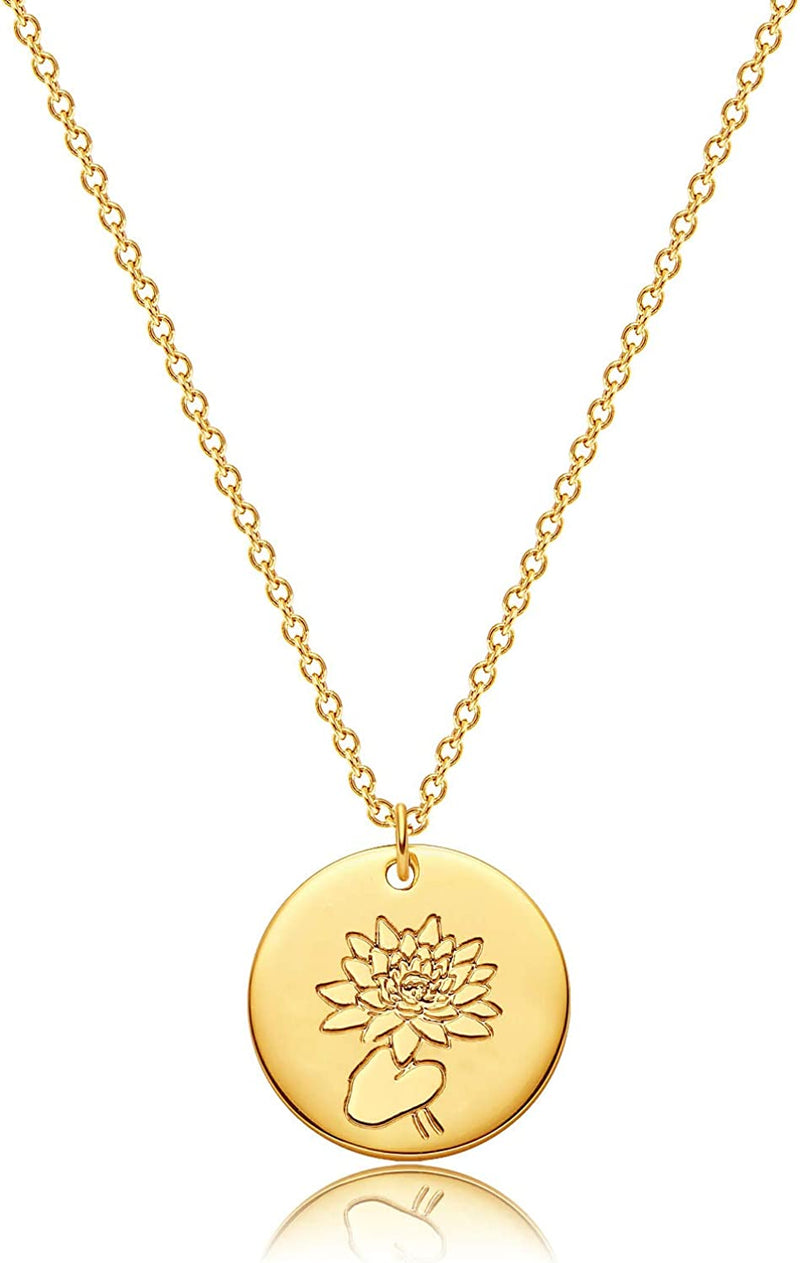 Dremmy Studios Birthday Flower Pendant Necklace 18K Gold Plated Exquisite Minimalist Birthday Flower Disc Pendant Carved Coin Necklace Minimalist Exquisite Customized Gift for Mom and Daughter, Metal, No Gems