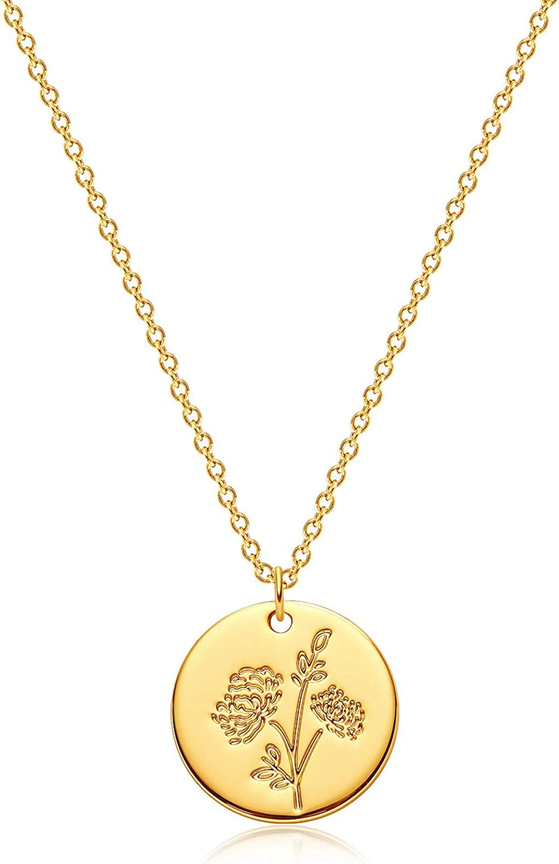 Dremmy Studios Birthday Flower Pendant Necklace 18K Gold Plated Exquisite Minimalist Birthday Flower Disc Pendant Carved Coin Necklace Minimalist Exquisite Customized Gift for Mom and Daughter, Metal, No Gems