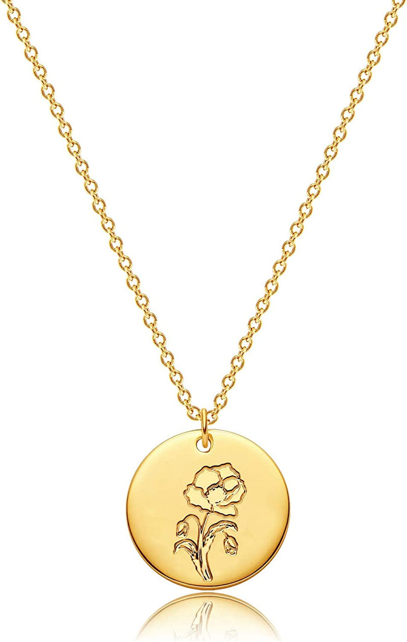 Dremmy Studios Birthday Flower Pendant Necklace 18K Gold Plated Exquisite Minimalist Birthday Flower Disc Pendant Carved Coin Necklace Minimalist Exquisite Customized Gift for Mom and Daughter, Metal, No Gems