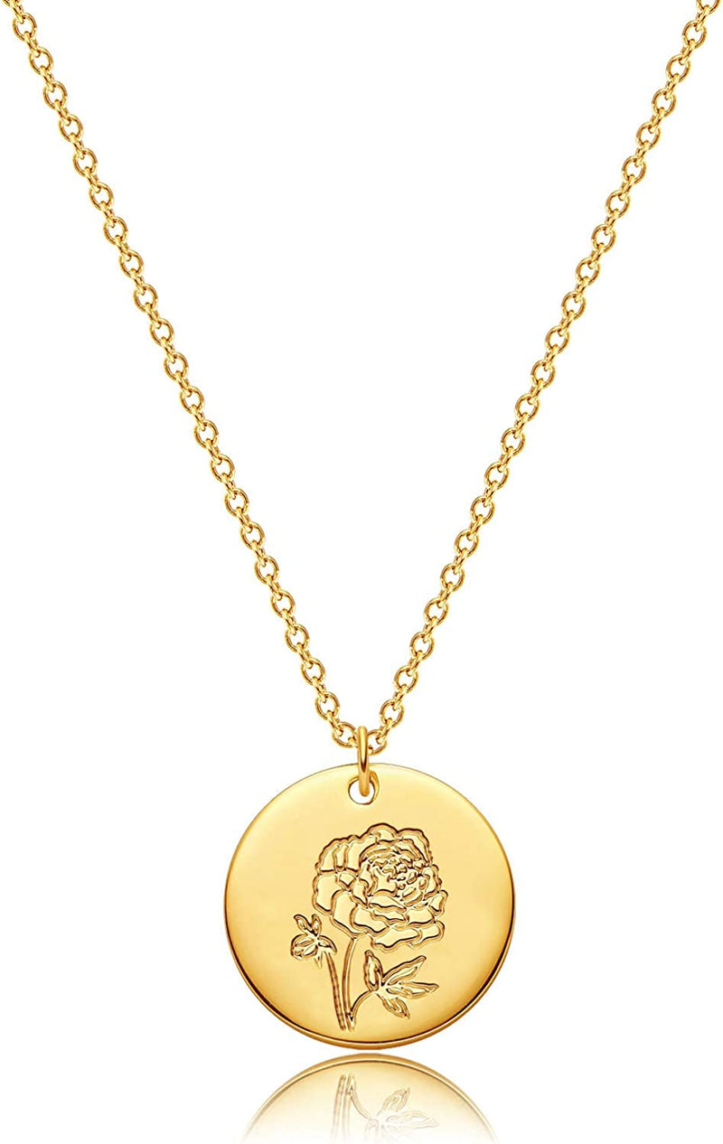 Dremmy Studios Birthday Flower Pendant Necklace 18K Gold Plated Exquisite Minimalist Birthday Flower Disc Pendant Carved Coin Necklace Minimalist Exquisite Customized Gift for Mom and Daughter, Metal, No Gems