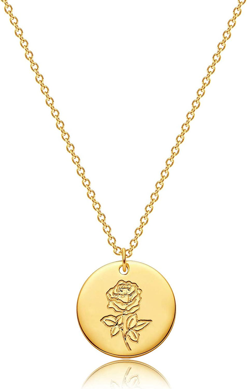 Dremmy Studios Birthday Flower Pendant Necklace 18K Gold Plated Exquisite Minimalist Birthday Flower Disc Pendant Carved Coin Necklace Minimalist Exquisite Customized Gift for Mom and Daughter, Metal, No Gems