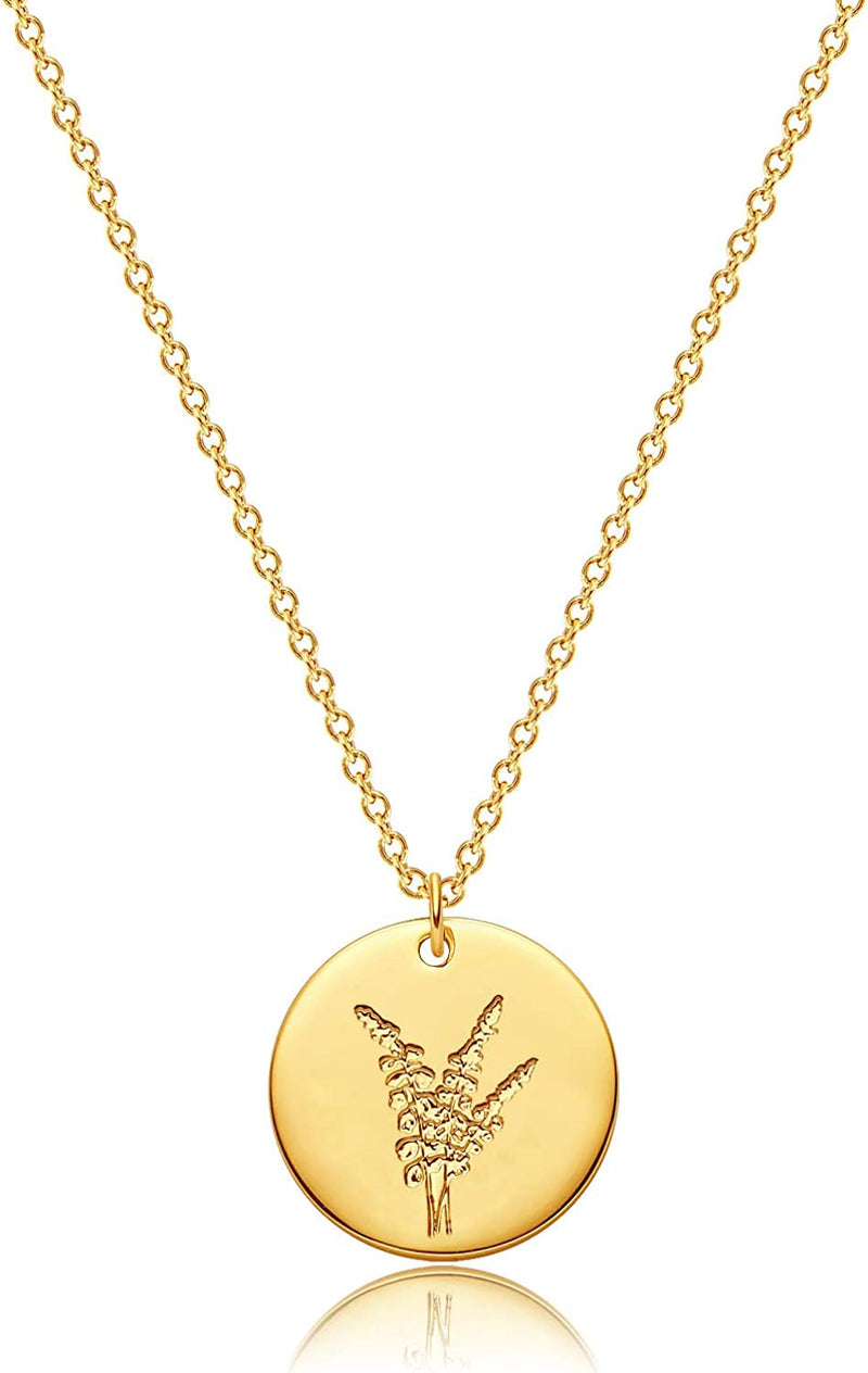 Dremmy Studios Birthday Flower Pendant Necklace 18K Gold Plated Exquisite Minimalist Birthday Flower Disc Pendant Carved Coin Necklace Minimalist Exquisite Customized Gift for Mom and Daughter, Metal, No Gems