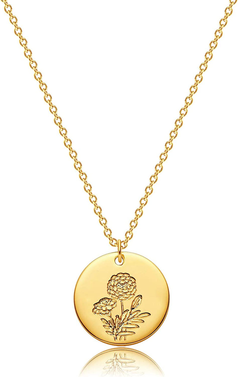 Dremmy Studios Birthday Flower Pendant Necklace 18K Gold Plated Exquisite Minimalist Birthday Flower Disc Pendant Carved Coin Necklace Minimalist Exquisite Customized Gift for Mom and Daughter, Metal, No Gems