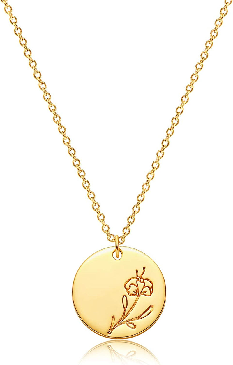 Dremmy Studios Birthday Flower Pendant Necklace 18K Gold Plated Exquisite Minimalist Birthday Flower Disc Pendant Carved Coin Necklace Minimalist Exquisite Customized Gift for Mom and Daughter, Metal, No Gems