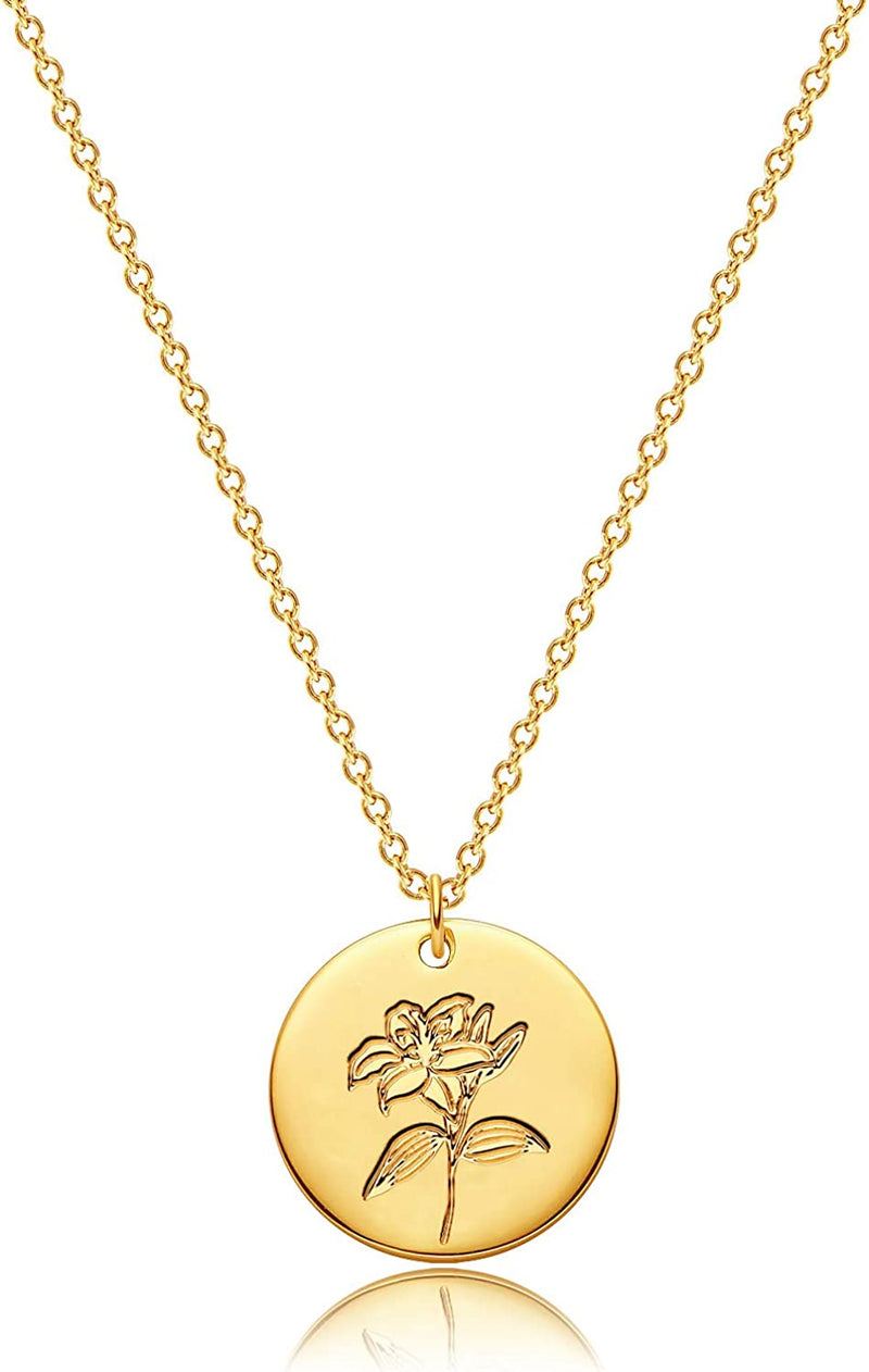 Dremmy Studios Birthday Flower Pendant Necklace 18K Gold Plated Exquisite Minimalist Birthday Flower Disc Pendant Carved Coin Necklace Minimalist Exquisite Customized Gift for Mom and Daughter, Metal, No Gems