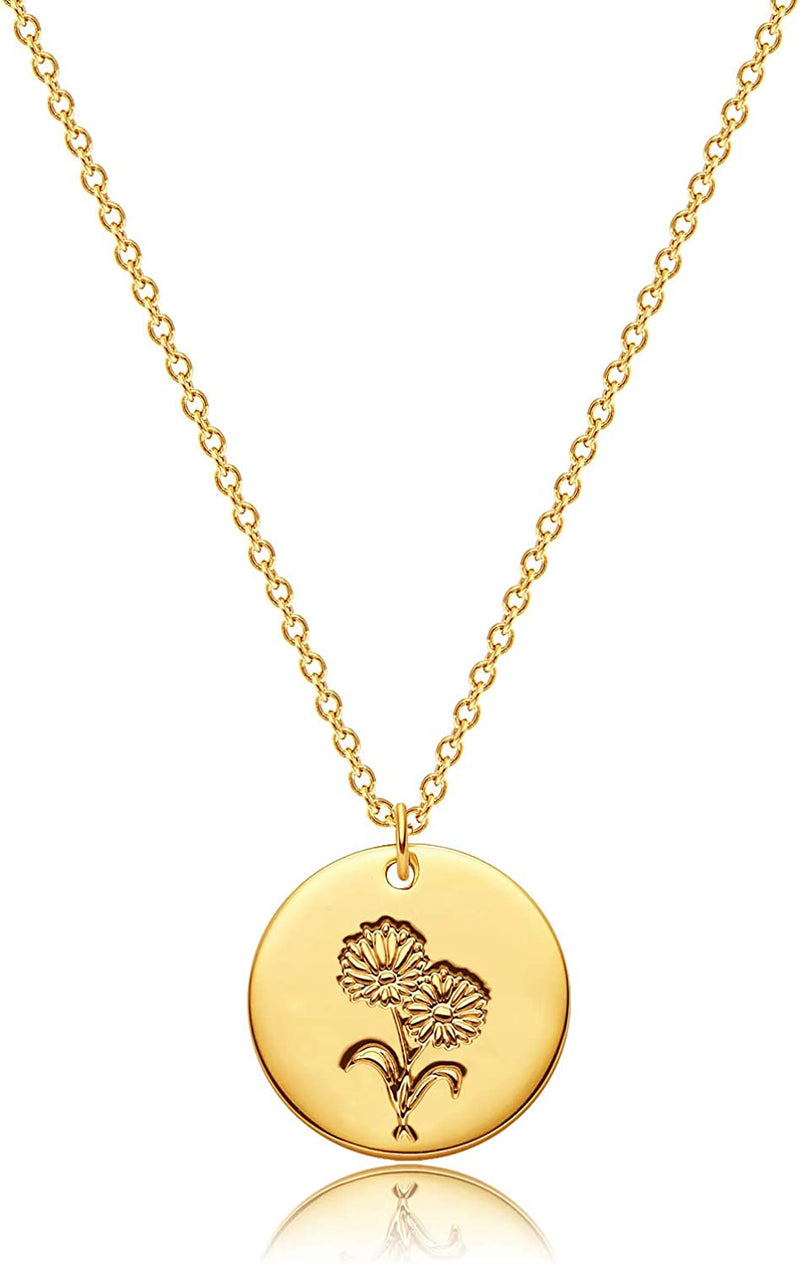 Dremmy Studios Birthday Flower Pendant Necklace 18K Gold Plated Exquisite Minimalist Birthday Flower Disc Pendant Carved Coin Necklace Minimalist Exquisite Customized Gift for Mom and Daughter, Metal, No Gems