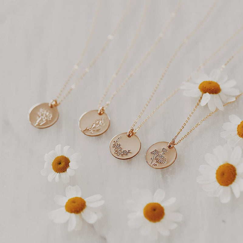 Dremmy Studios Birthday Flower Pendant Necklace 18K Gold Plated Exquisite Minimalist Birthday Flower Disc Pendant Carved Coin Necklace Minimalist Exquisite Customized Gift for Mom and Daughter, Metal, No Gems