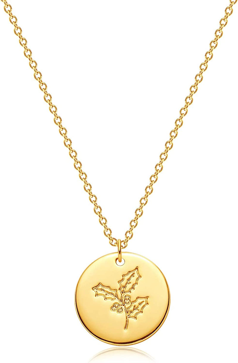 Dremmy Studios Birthday Flower Pendant Necklace 18K Gold Plated Exquisite Minimalist Birthday Flower Disc Pendant Carved Coin Necklace Minimalist Exquisite Customized Gift for Mom and Daughter, Metal, No Gems