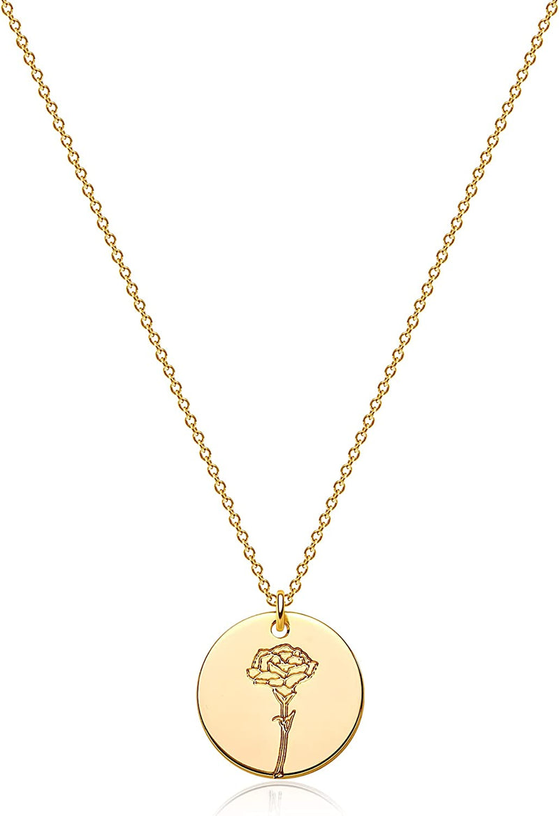 Dremmy Studios Birthday Flower Pendant Necklace 18K Gold Plated Exquisite Minimalist Birthday Flower Disc Pendant Carved Coin Necklace Minimalist Exquisite Customized Gift for Mom and Daughter, Metal, No Gems