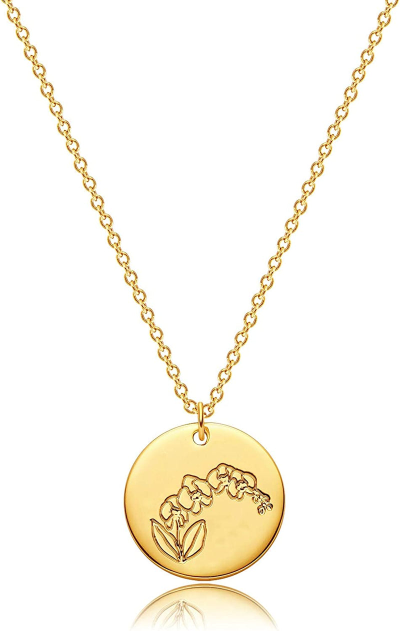 Dremmy Studios Birthday Flower Pendant Necklace 18K Gold Plated Exquisite Minimalist Birthday Flower Disc Pendant Carved Coin Necklace Minimalist Exquisite Customized Gift for Mom and Daughter, Metal, No Gems