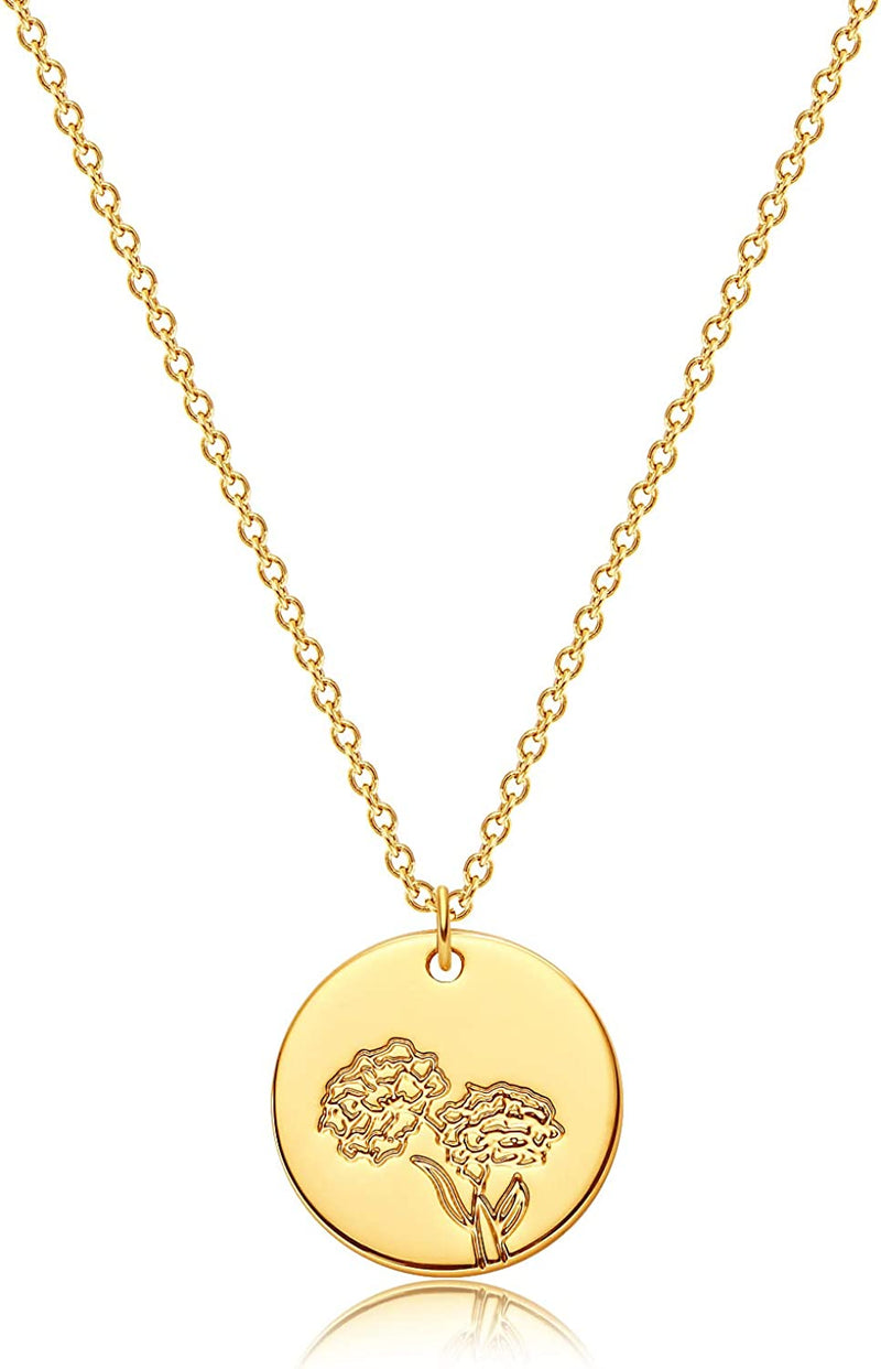 Dremmy Studios Birthday Flower Pendant Necklace 18K Gold Plated Exquisite Minimalist Birthday Flower Disc Pendant Carved Coin Necklace Minimalist Exquisite Customized Gift for Mom and Daughter, Metal, No Gems