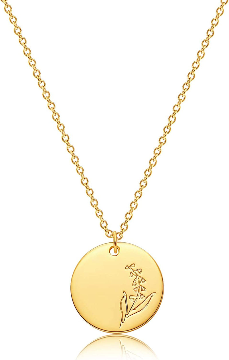 Dremmy Studios Birthday Flower Pendant Necklace 18K Gold Plated Exquisite Minimalist Birthday Flower Disc Pendant Carved Coin Necklace Minimalist Exquisite Customized Gift for Mom and Daughter, Metal, No Gems