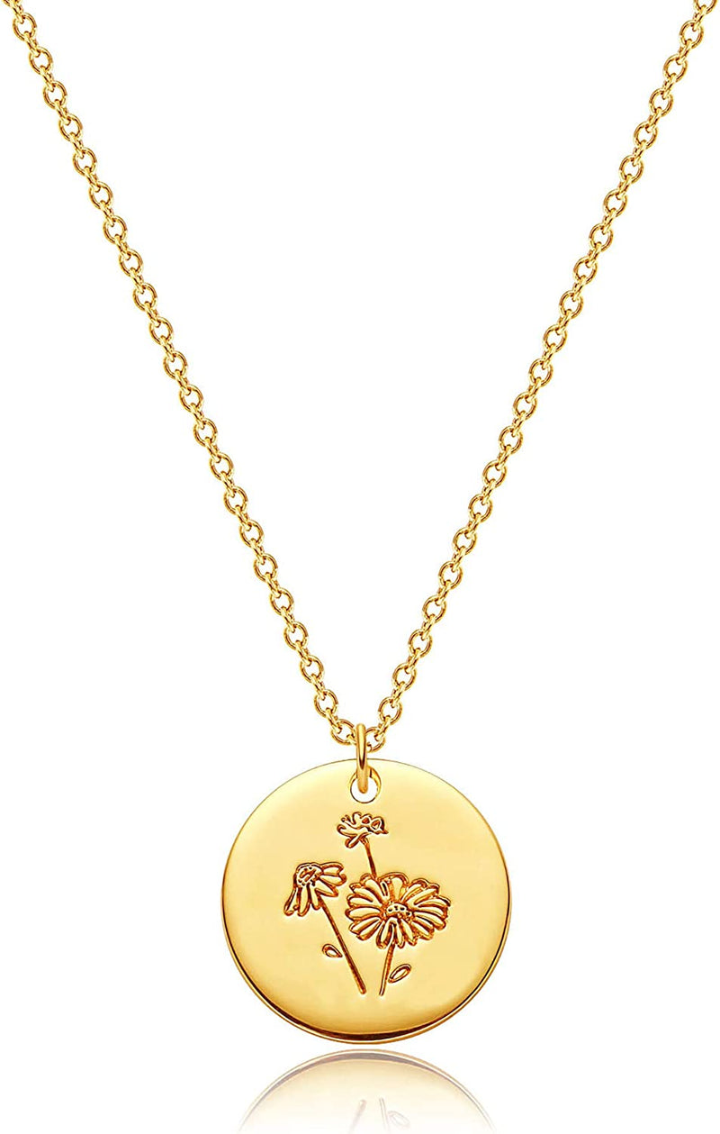 Dremmy Studios Birthday Flower Pendant Necklace 18K Gold Plated Exquisite Minimalist Birthday Flower Disc Pendant Carved Coin Necklace Minimalist Exquisite Customized Gift for Mom and Daughter, Metal, No Gems