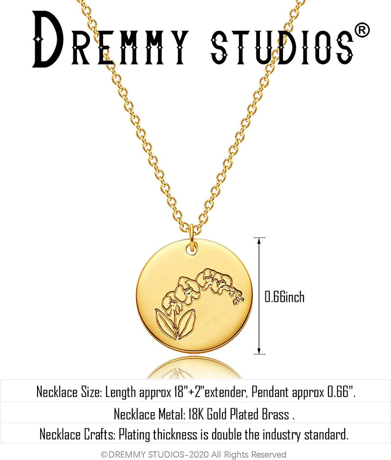 Dremmy Studios Birthday Flower Pendant Necklace 18K Gold Plated Exquisite Minimalist Birthday Flower Disc Pendant Carved Coin Necklace Minimalist Exquisite Customized Gift for Mom and Daughter, Metal, No Gems