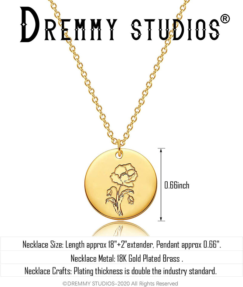 Dremmy Studios Birthday Flower Pendant Necklace 18K Gold Plated Exquisite Minimalist Birthday Flower Disc Pendant Carved Coin Necklace Minimalist Exquisite Customized Gift for Mom and Daughter, Metal, No Gems