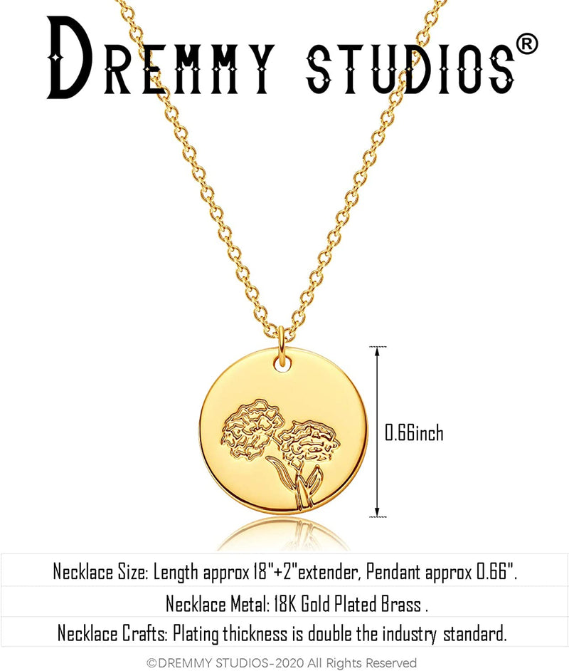 Dremmy Studios Birthday Flower Pendant Necklace 18K Gold Plated Exquisite Minimalist Birthday Flower Disc Pendant Carved Coin Necklace Minimalist Exquisite Customized Gift for Mom and Daughter, Metal, No Gems