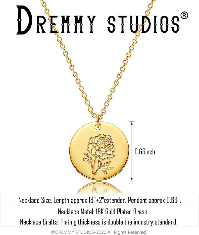 Dremmy Studios Birthday Flower Pendant Necklace 18K Gold Plated Exquisite Minimalist Birthday Flower Disc Pendant Carved Coin Necklace Minimalist Exquisite Customized Gift for Mom and Daughter, Metal, No Gems