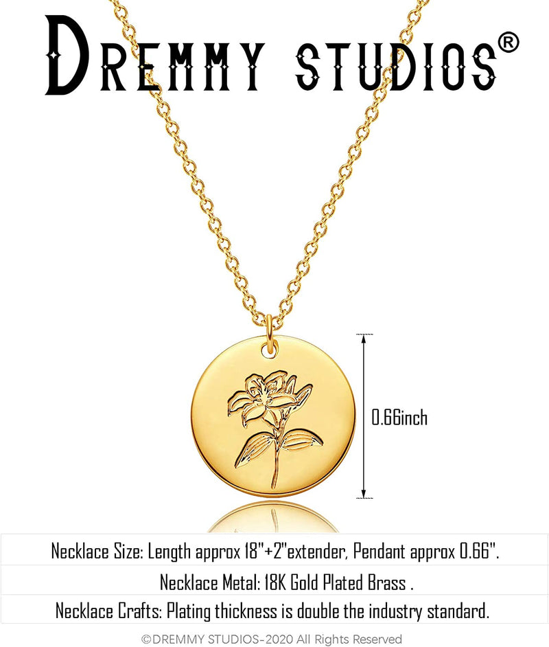 Dremmy Studios Birthday Flower Pendant Necklace 18K Gold Plated Exquisite Minimalist Birthday Flower Disc Pendant Carved Coin Necklace Minimalist Exquisite Customized Gift for Mom and Daughter, Metal, No Gems