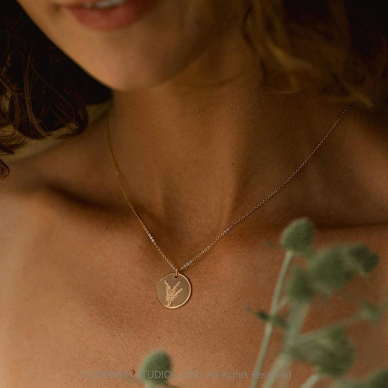 Dremmy Studios Birthday Flower Pendant Necklace 18K Gold Plated Exquisite Minimalist Birthday Flower Disc Pendant Carved Coin Necklace Minimalist Exquisite Customized Gift for Mom and Daughter, Metal, No Gems