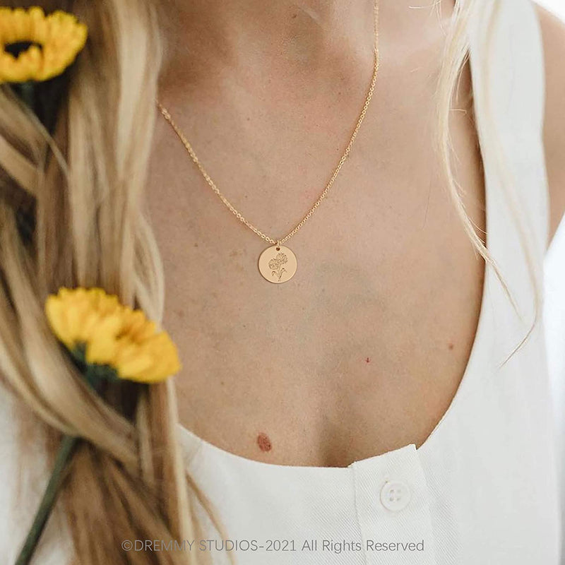 Dremmy Studios Birthday Flower Pendant Necklace 18K Gold Plated Exquisite Minimalist Birthday Flower Disc Pendant Carved Coin Necklace Minimalist Exquisite Customized Gift for Mom and Daughter, Metal, No Gems