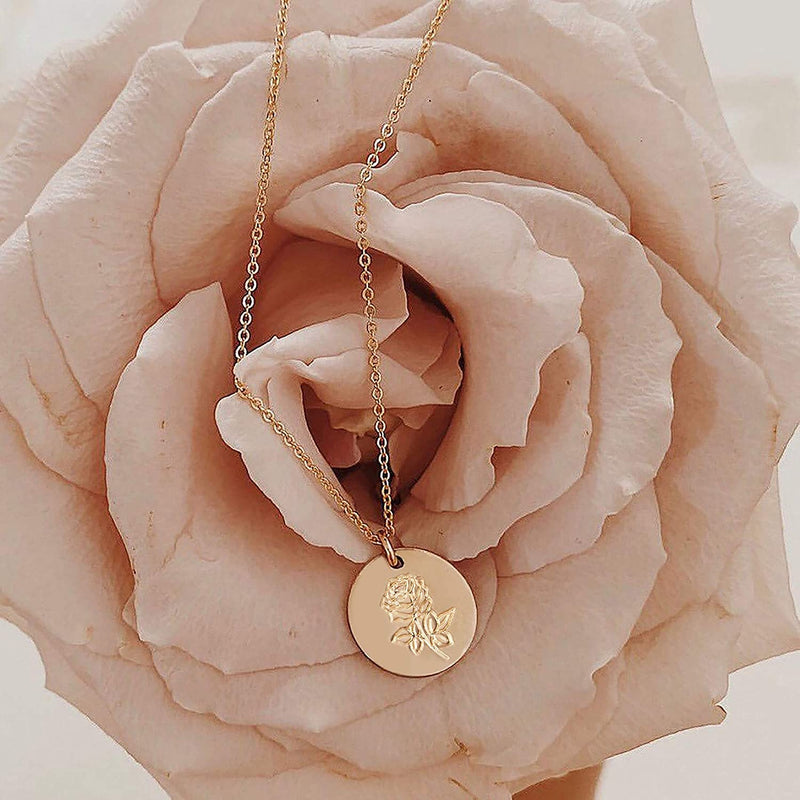 Dremmy Studios Birthday Flower Pendant Necklace 18K Gold Plated Exquisite Minimalist Birthday Flower Disc Pendant Carved Coin Necklace Minimalist Exquisite Customized Gift for Mom and Daughter, Metal, No Gems