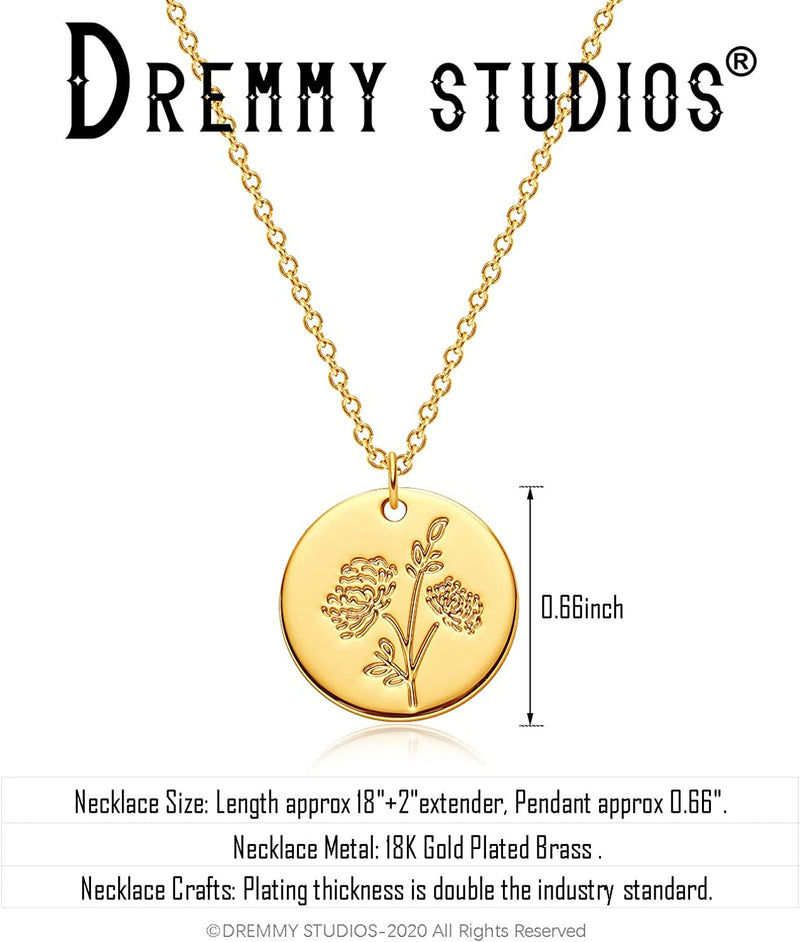 Dremmy Studios Birthday Flower Pendant Necklace 18K Gold Plated Exquisite Minimalist Birthday Flower Disc Pendant Carved Coin Necklace Minimalist Exquisite Customized Gift for Mom and Daughter, Metal, No Gems