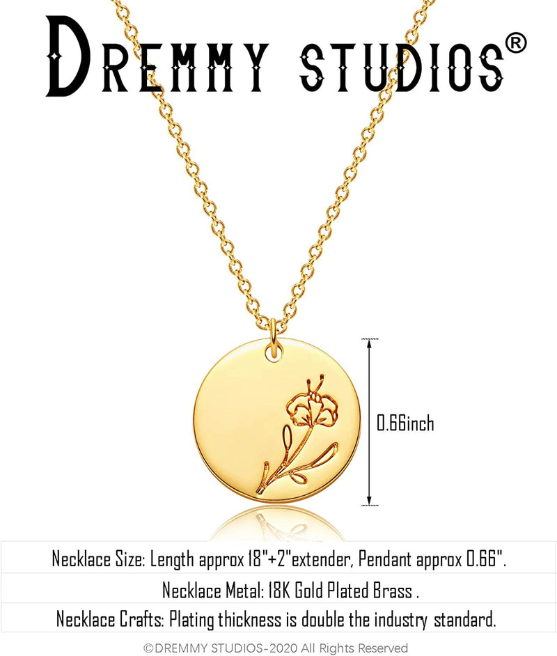 Dremmy Studios Birthday Flower Pendant Necklace 18K Gold Plated Exquisite Minimalist Birthday Flower Disc Pendant Carved Coin Necklace Minimalist Exquisite Customized Gift for Mom and Daughter, Metal, No Gems