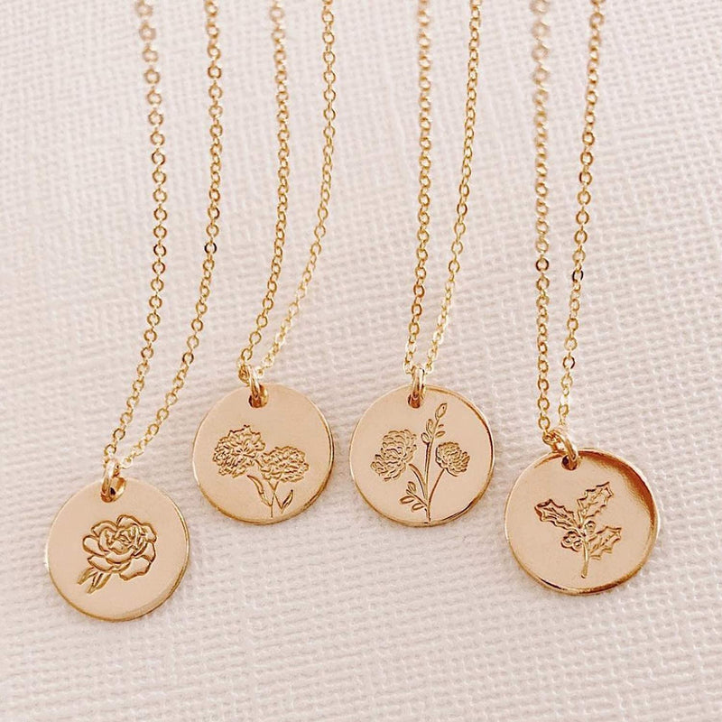 Dremmy Studios Birthday Flower Pendant Necklace 18K Gold Plated Exquisite Minimalist Birthday Flower Disc Pendant Carved Coin Necklace Minimalist Exquisite Customized Gift for Mom and Daughter, Metal, No Gems