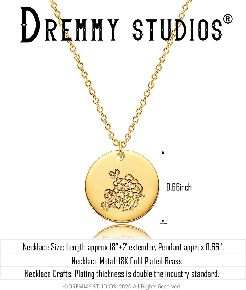 Dremmy Studios Birthday Flower Pendant Necklace 18K Gold Plated Exquisite Minimalist Birthday Flower Disc Pendant Carved Coin Necklace Minimalist Exquisite Customized Gift for Mom and Daughter, Metal, No Gems