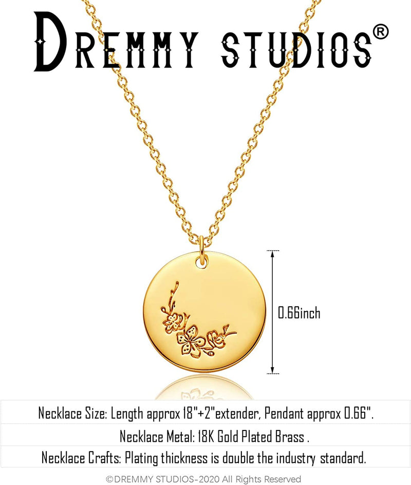 Dremmy Studios Birthday Flower Pendant Necklace 18K Gold Plated Exquisite Minimalist Birthday Flower Disc Pendant Carved Coin Necklace Minimalist Exquisite Customized Gift for Mom and Daughter, Metal, No Gems