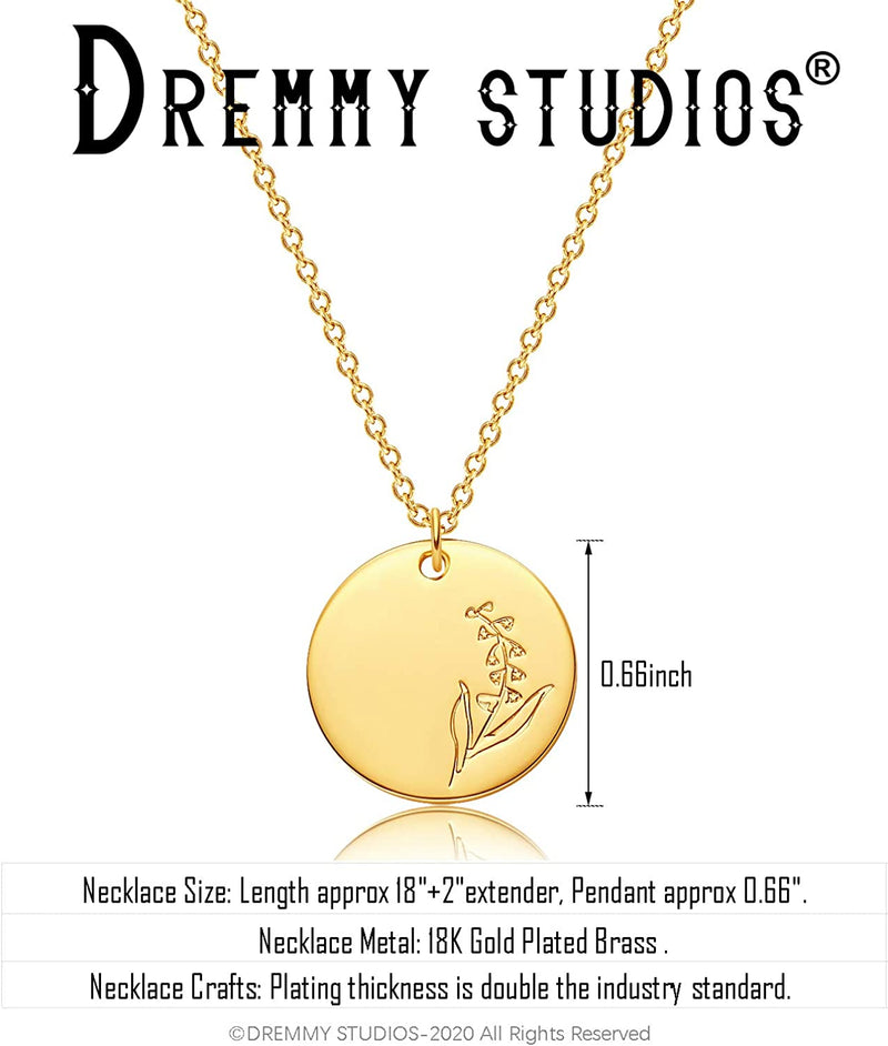 Dremmy Studios Birthday Flower Pendant Necklace 18K Gold Plated Exquisite Minimalist Birthday Flower Disc Pendant Carved Coin Necklace Minimalist Exquisite Customized Gift for Mom and Daughter, Metal, No Gems