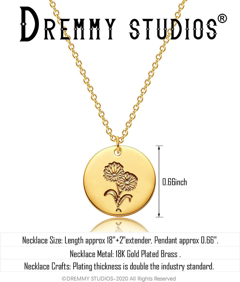 Dremmy Studios Birthday Flower Pendant Necklace 18K Gold Plated Exquisite Minimalist Birthday Flower Disc Pendant Carved Coin Necklace Minimalist Exquisite Customized Gift for Mom and Daughter, Metal, No Gems