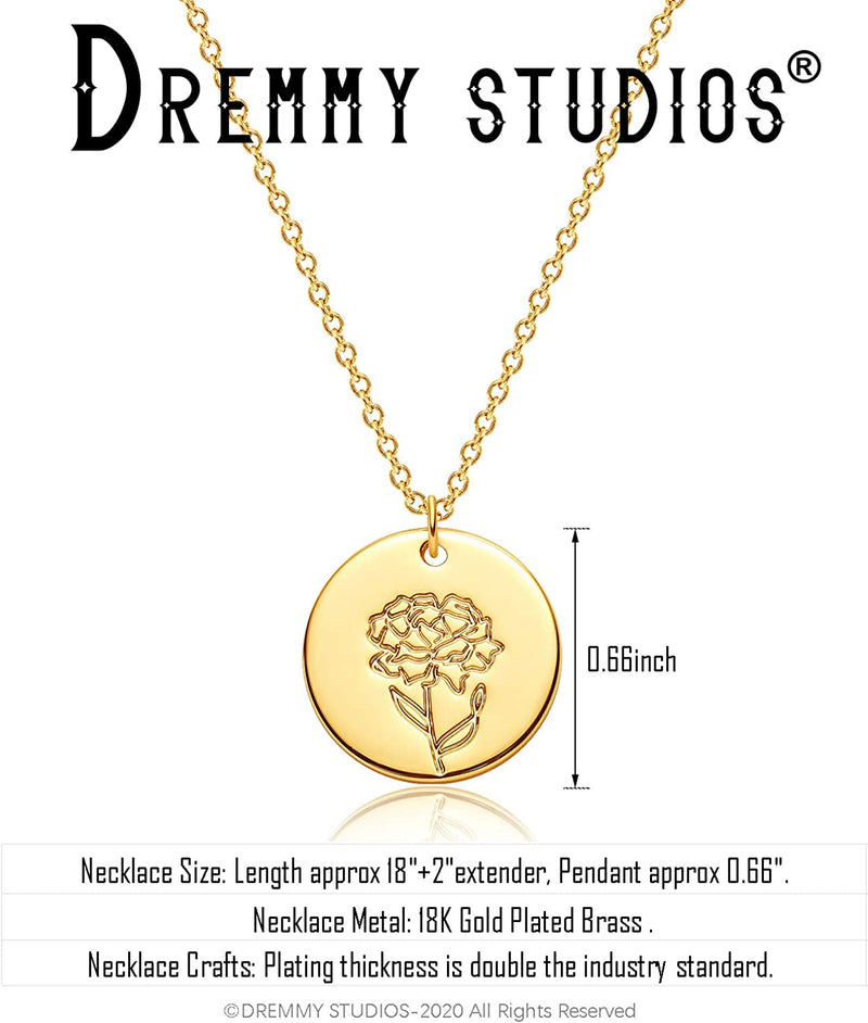 Dremmy Studios Birthday Flower Pendant Necklace 18K Gold Plated Exquisite Minimalist Birthday Flower Disc Pendant Carved Coin Necklace Minimalist Exquisite Customized Gift for Mom and Daughter, Metal, No Gems