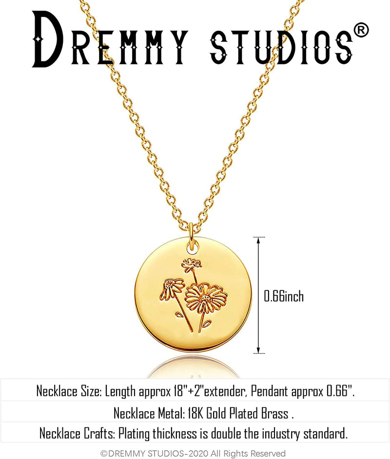 Dremmy Studios Birthday Flower Pendant Necklace 18K Gold Plated Exquisite Minimalist Birthday Flower Disc Pendant Carved Coin Necklace Minimalist Exquisite Customized Gift for Mom and Daughter, Metal, No Gems