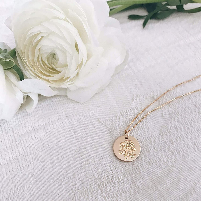 Dremmy Studios Birthday Flower Pendant Necklace 18K Gold Plated Exquisite Minimalist Birthday Flower Disc Pendant Carved Coin Necklace Minimalist Exquisite Customized Gift for Mom and Daughter, Metal, No Gems