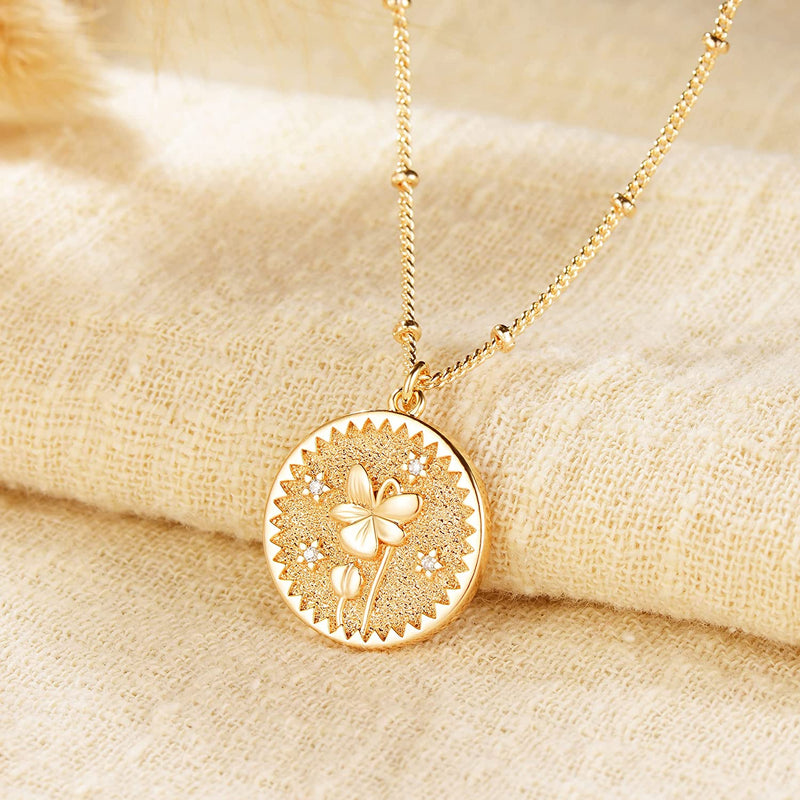 Dremmy Studios Birthday Flower Pendant Necklace 18K Gold Plated Exquisite Minimalist Birthday Flower Disc Pendant Carved Coin Necklace Minimalist Exquisite Customized Gift for Mom and Daughter, Metal, No Gems