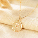 Dremmy Studios Birthday Flower Pendant Necklace 18K Gold Plated Exquisite Minimalist Birthday Flower Disc Pendant Carved Coin Necklace Minimalist Exquisite Customized Gift for Mom and Daughter, Metal, No Gems