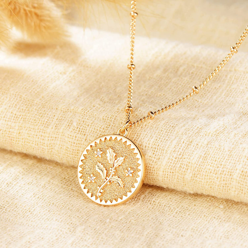 Dremmy Studios Birthday Flower Pendant Necklace 18K Gold Plated Exquisite Minimalist Birthday Flower Disc Pendant Carved Coin Necklace Minimalist Exquisite Customized Gift for Mom and Daughter, Metal, No Gems