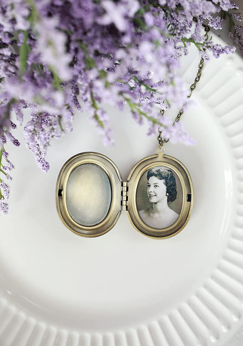 JewelryLand handmade oval embossed retro photo box resin long necklace