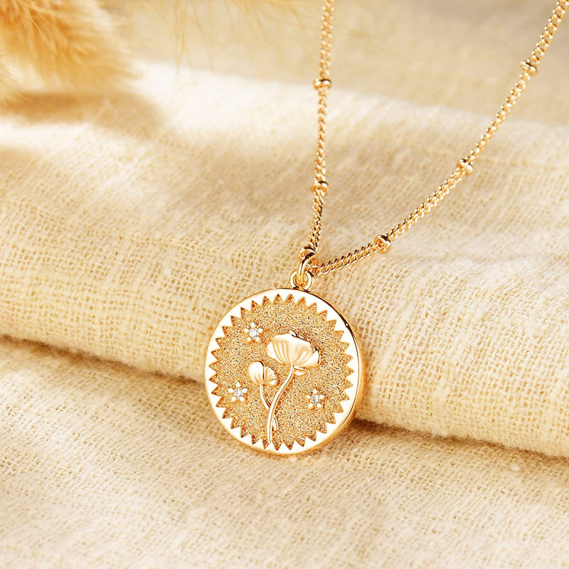 Dremmy Studios Birthday Flower Pendant Necklace 18K Gold Plated Exquisite Minimalist Birthday Flower Disc Pendant Carved Coin Necklace Minimalist Exquisite Customized Gift for Mom and Daughter, Metal, No Gems