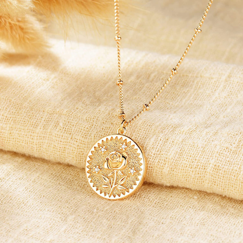 Dremmy Studios Birthday Flower Pendant Necklace 18K Gold Plated Exquisite Minimalist Birthday Flower Disc Pendant Carved Coin Necklace Minimalist Exquisite Customized Gift for Mom and Daughter, Metal, No Gems