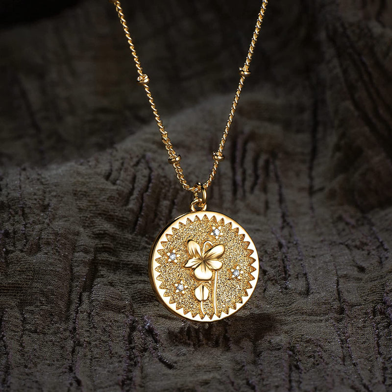 Dremmy Studios Birthday Flower Pendant Necklace 18K Gold Plated Exquisite Minimalist Birthday Flower Disc Pendant Carved Coin Necklace Minimalist Exquisite Customized Gift for Mom and Daughter, Metal, No Gems