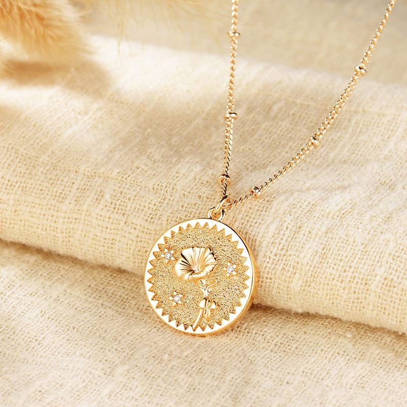 Dremmy Studios Birthday Flower Pendant Necklace 18K Gold Plated Exquisite Minimalist Birthday Flower Disc Pendant Carved Coin Necklace Minimalist Exquisite Customized Gift for Mom and Daughter, Metal, No Gems